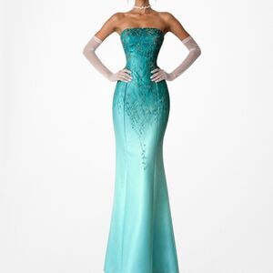 Vintage Y2K 90s Blue Strapless Ombre Floral Beaded Maxi Prom Formal Dress Size S